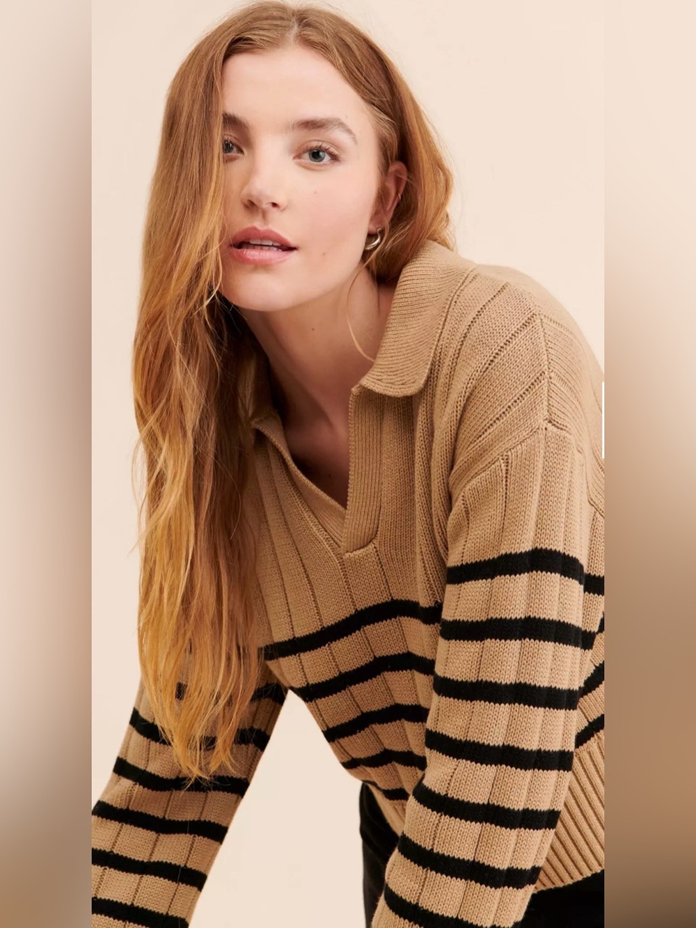 Anthropologie Pistola Arlo Polo Sweater Tan Noir Stripe Collared V-Neck Size XS
